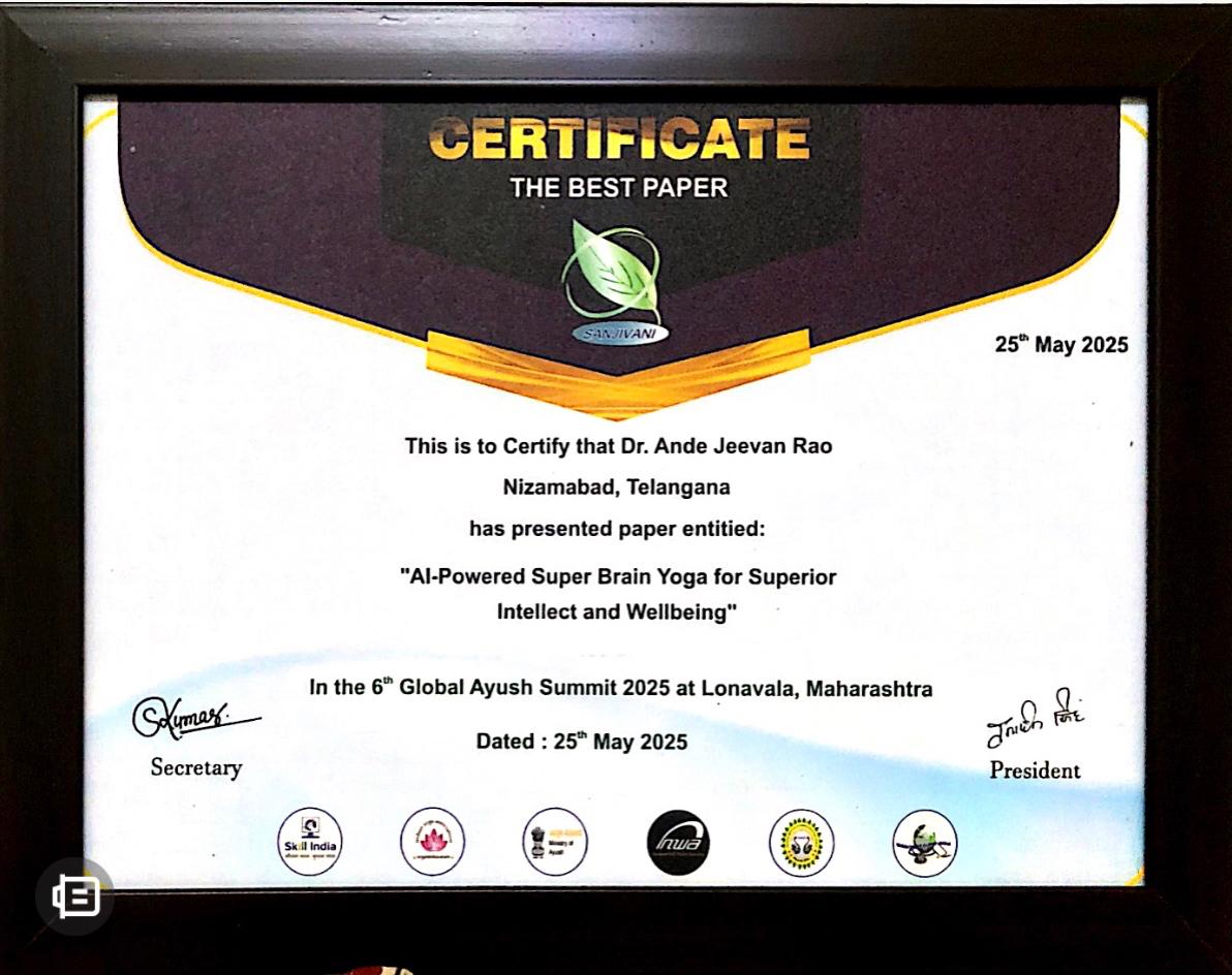 Global AYUSH Expo – 2025 - "The Best Paper Award"