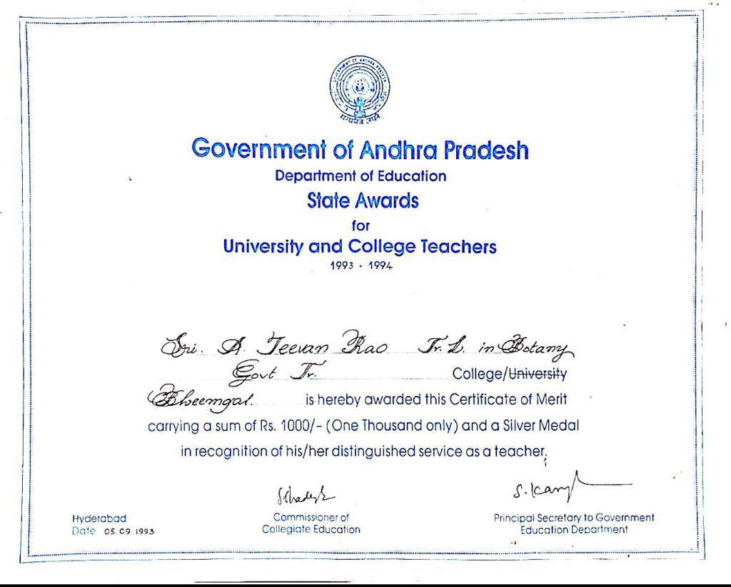State Award for University & College Teachers - 1993.