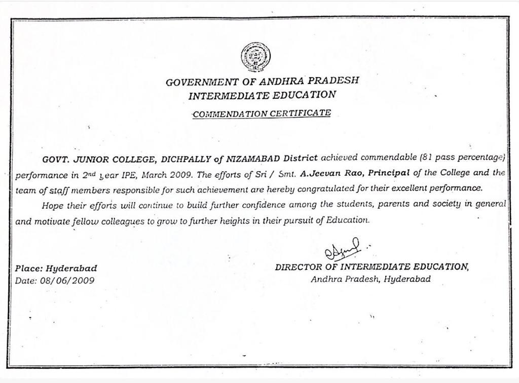 Commendation Certificate by Govt. of Andhra Pradesh.