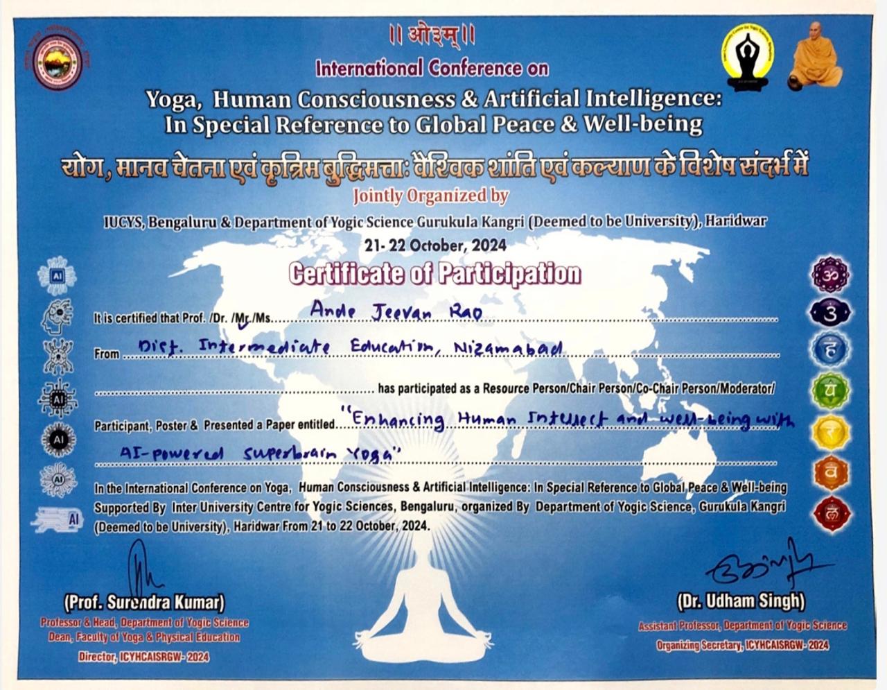 Certificate of paper presentation-International Conference on Yoga-2024
