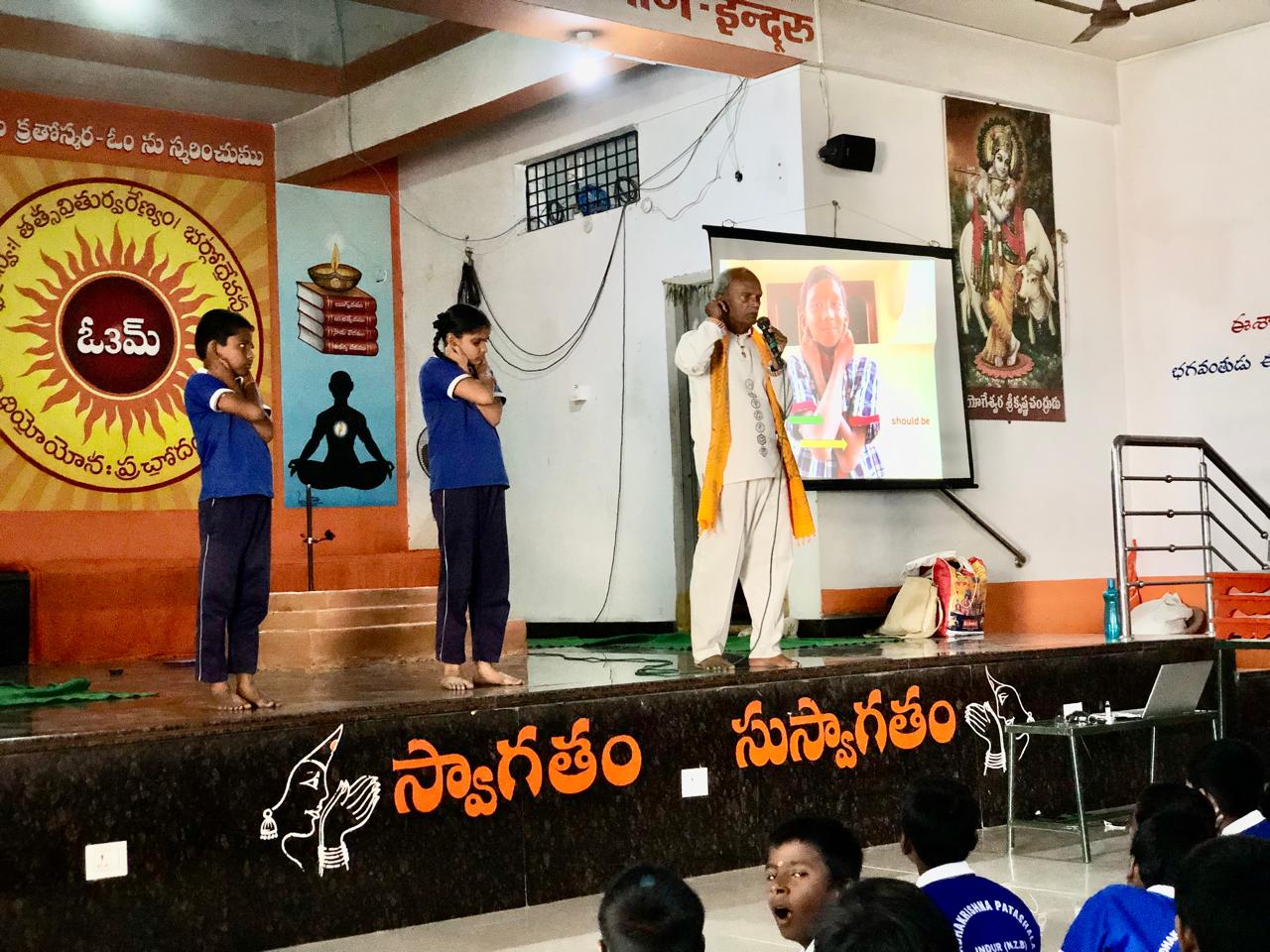 Demonstration on "Super Brain Yoga" at Radha Krishna High School, Arya Samaj, Nizamabad.
