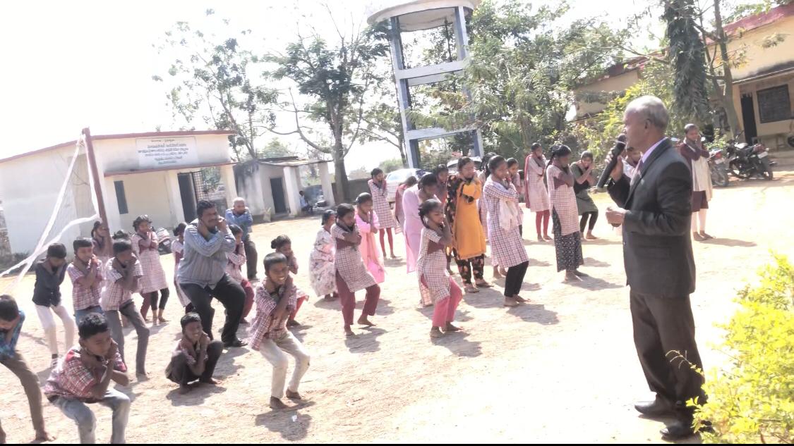 Staff and Students performing 14 rounds of Super Brain Yoga-Workshop on Super Brain Yoga at Zilla Parishad High School, Dhupally, Renjal Mandal.