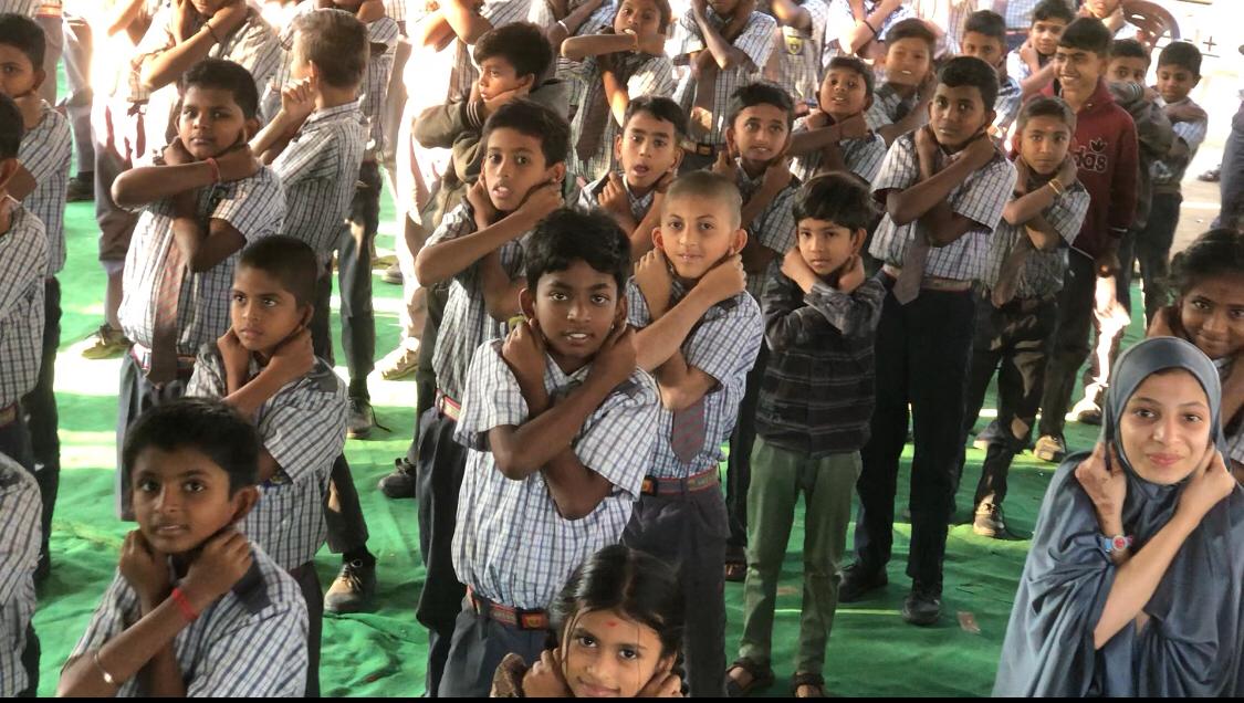 Students performing Super Brain Yoga- Workshop on Super Brain Yoga at Sri Sai Prasanna High School, Saeaswathi Nagar, Bodhan.