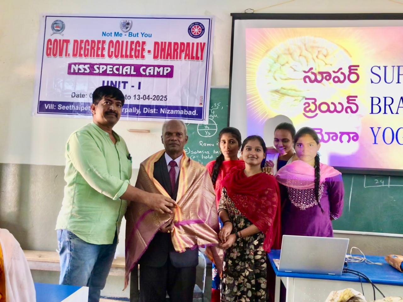 Felicitation by NSS Program Officers & Volunteers-Workshop on Super Brain Yoga at NSS Unit-I, Govt. Degree College, Dhatpally Special Camp organized at Seethaipet village, Dharpally Mandal.