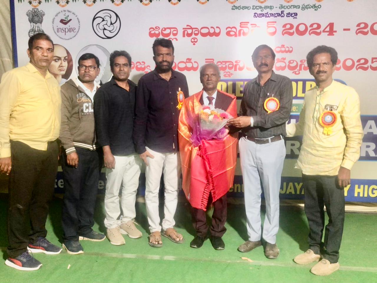 Felicitation by Dist. Science Officer & Organizing Committee-Workshop on "Super Brain Yoga" at Dist. Level INSPIRE 2024-2025 & Rajya Sthariya Vaijnaanika Pradarshini 2025-2026 organized by Nizamabad Dist. Education Department, at Vijaya Mary High School, 