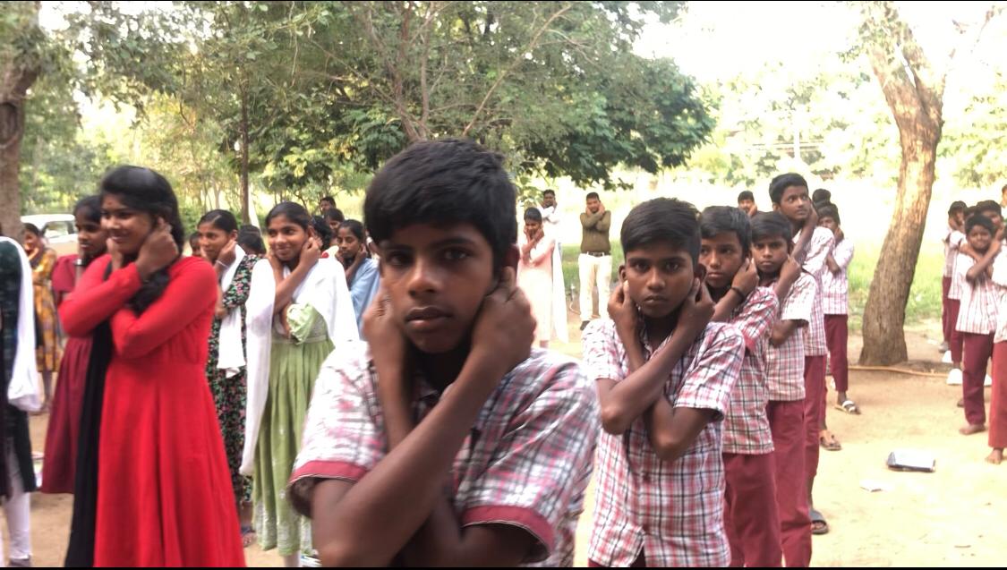 Positioning of fingers and arms during Super Brain Yoga-Part of Workshop on Super Brain Yoga at Govt. Junior College, Pedda Shankaram Pet, Medak Dist.