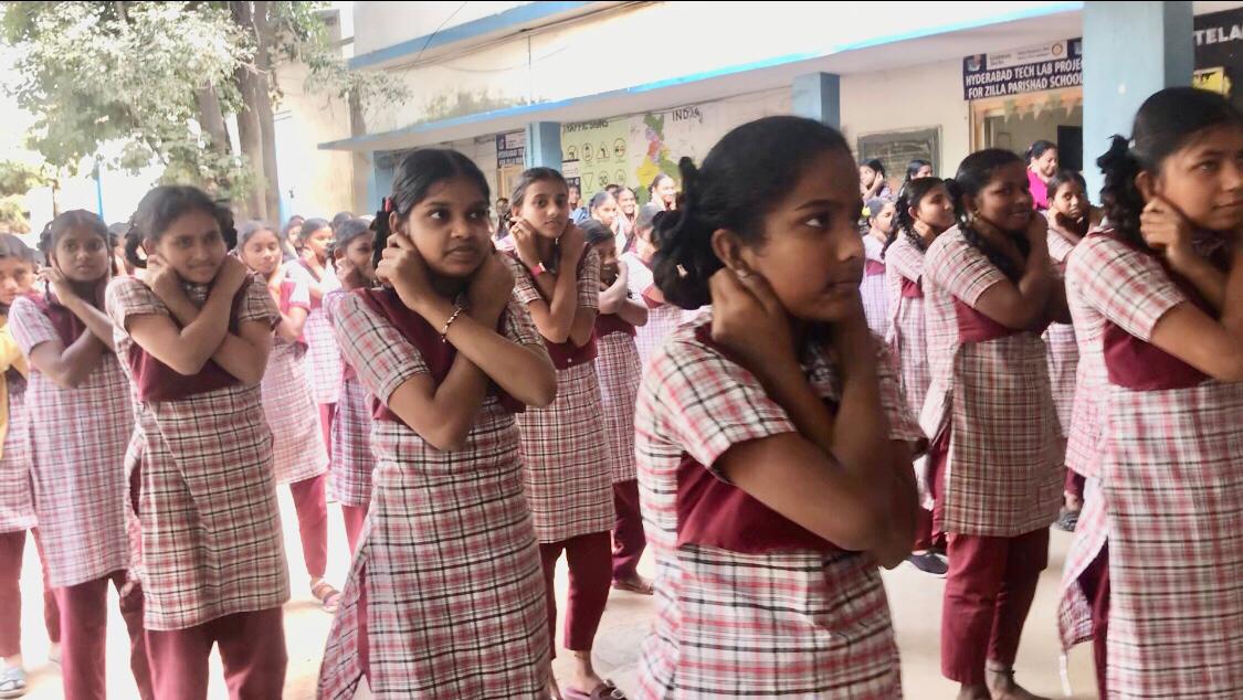Students performing 14 rounds of Super Brain Yoga-Workshop on Super Brain Yoga at Zilla Parishad High School, Qutbullapur, Medchal-Malkajgiri Dist.
