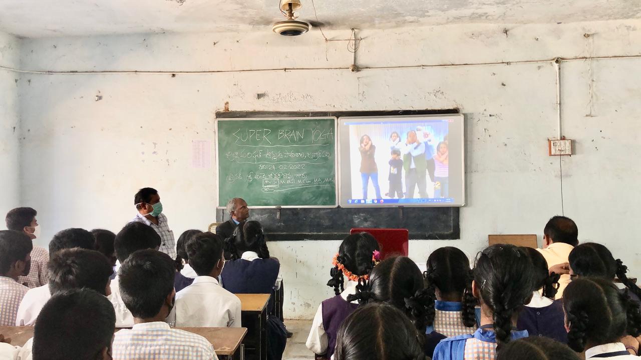Screening of video on Super Brain Yoga, explaining the concept, procedure and benefits -  Workshop on Super Brain Yoga at Zilla Parishad High School, Jakran Pally, Nizamabad Dist.