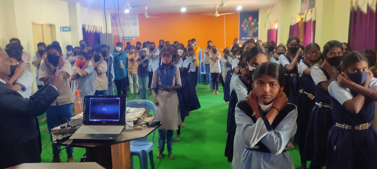 Students performing Super Brain Yoga at Zilla Parishad High School, Vailpur, Nizamabad Dist.