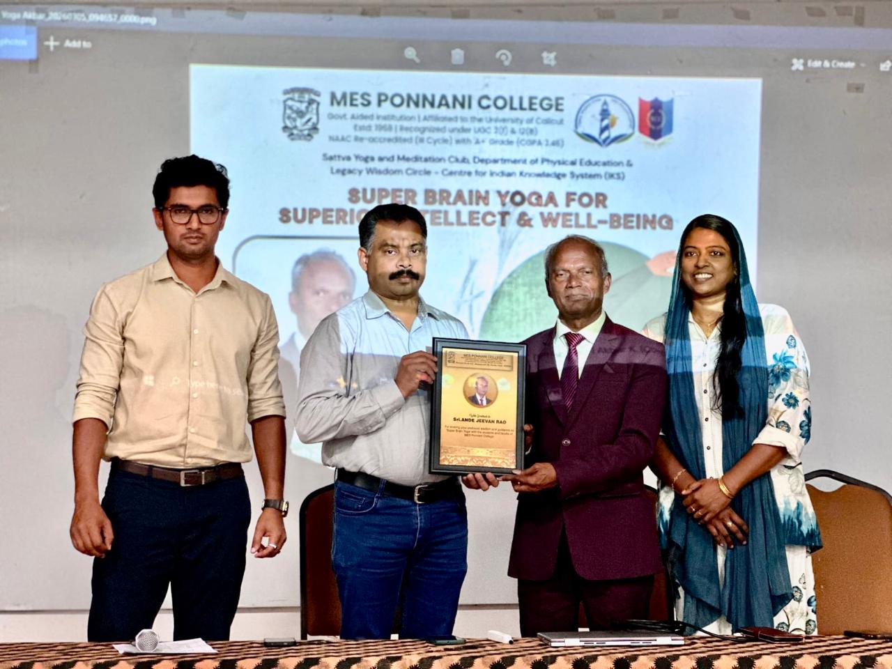 Felicitation by Principal and staff- Workshop on  Super Brain Yoga at MES Ponnani College, Ponnani, Kerala state.