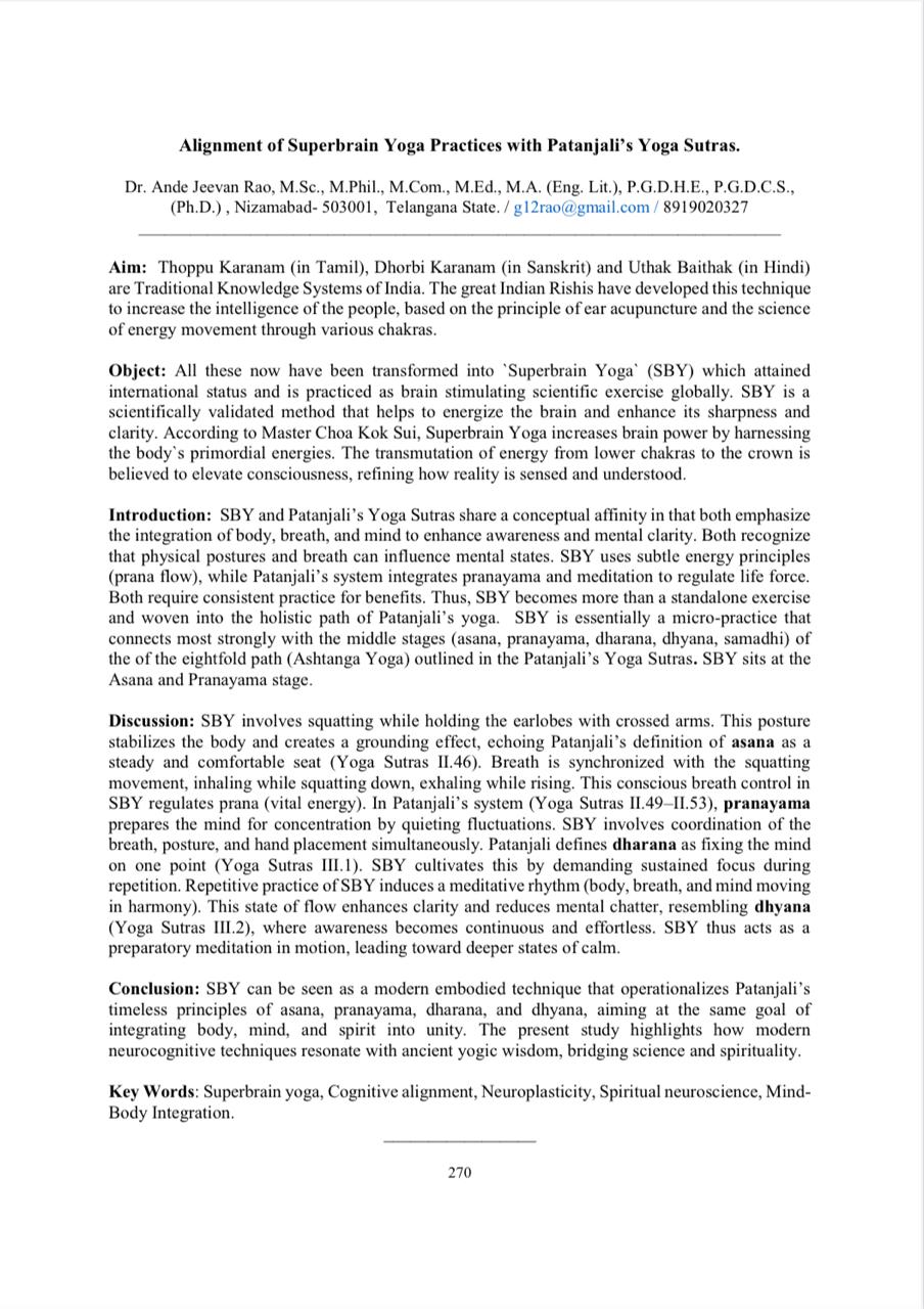 Abstract on "Alignment of Super Brain Yoga practices with Patanjali Yoga Sutras" , organized at Vivekananda Kendra, Vivekananda Puram, Kanyakumari, Tamil Nadu state.