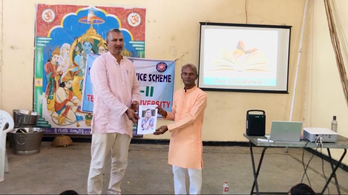 Presented copy of article on Super Brain Yoga to PO Prof. Haleem Khan-Workshop on Super Brain Yoga at NSS, Unit-II, Telangana University at Dichpally Village.
