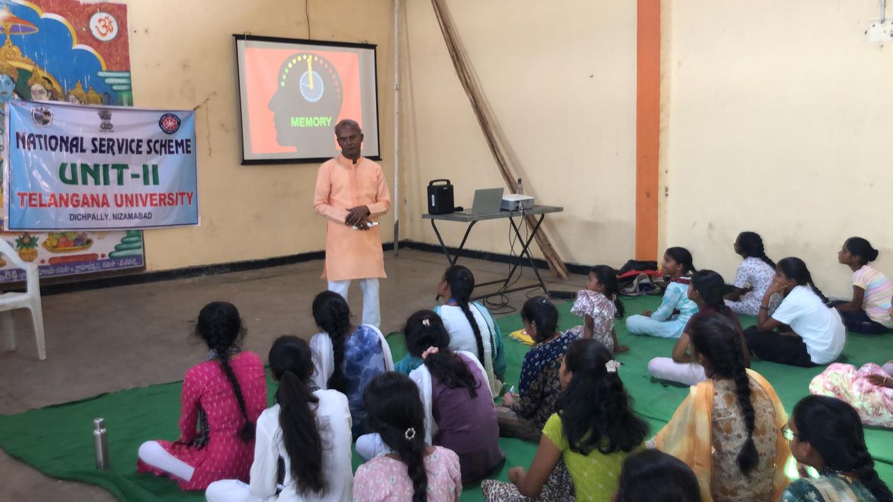 Power Point Presentation on Super Brain Yoga at Summer Special Camp, National Service Scheme Unit-II, Telangana University organized at Dichpally village on 26-04-2026.