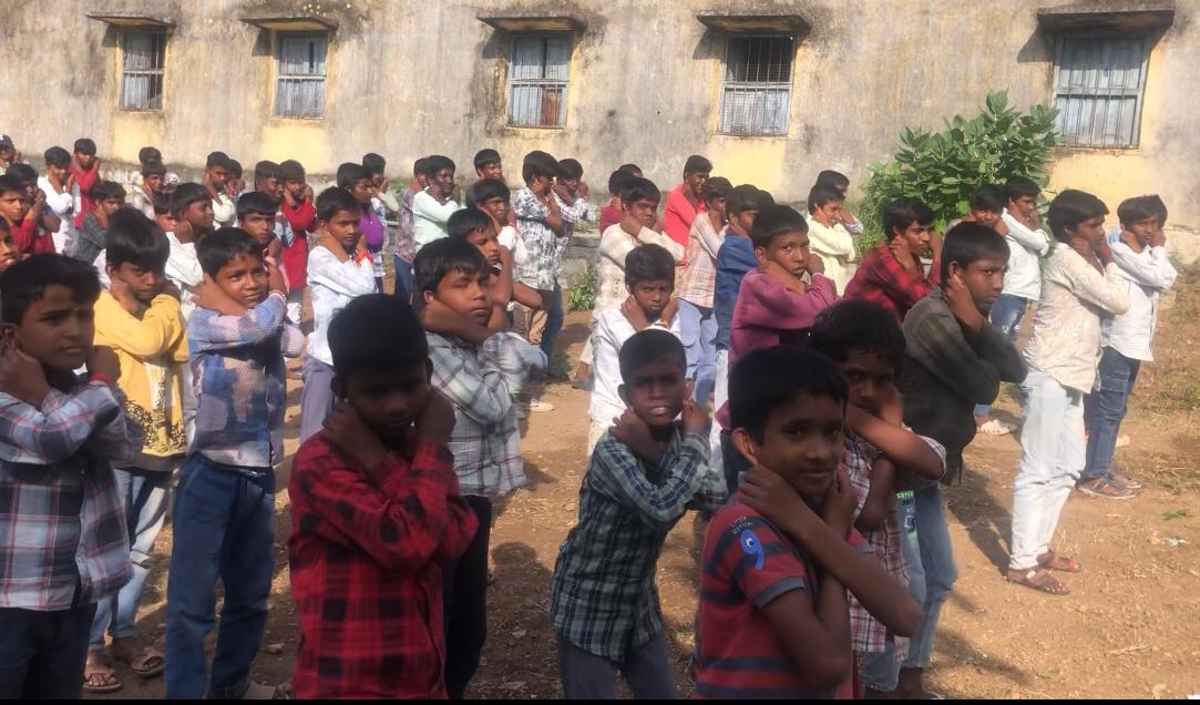Students performing Super Brain Yoga - Workshop on Super Brain Yoga at Govt. Junior College, Nagireddy Pet , Kamareddy Dist., sponsored by International  Lions Club of Nizamabad-Netha.