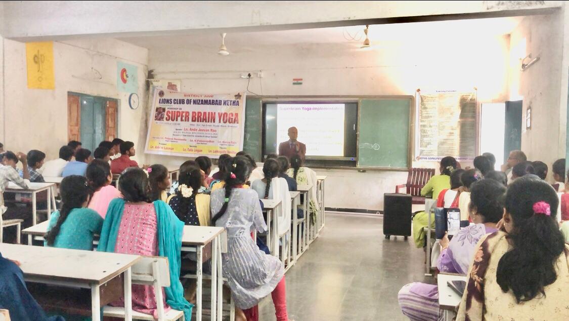 Workshop on Super Brain Yoga at Govt. Junior College, Nagireddy Pet Mandal, Kamareddy Dist., sponsored by International  Lions Club of Nizamabad-Netha. 